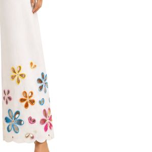 White Wide Leg Embroidered Palazzo Pants For Women Colorful Floral Cutwork High Waist Cotton Casual <b>Trousers</b> Custom OEM Apparel - Product Image 4