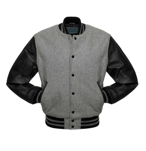 Chaqueta Varsity de Lana Azul Marino para Hombre con Mangas de Cuero Gris, Cierre de Botones, Estilo Universitario Informal, Ropa de Otoño - Product Image 3
