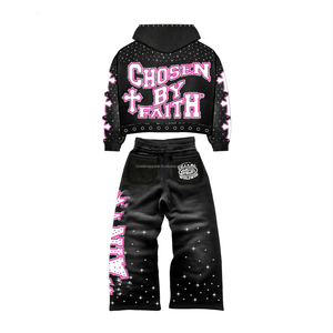 ชุดเซ็ตสเวตสูทแบบซิปแต่งครอปสไตล์ดิสเทรส ประดับคริสตัล สตรีทแวร์ ทรงแบ็กกี้ กางเกงขาบานและเสื้อฮู้ด - Product Image 3