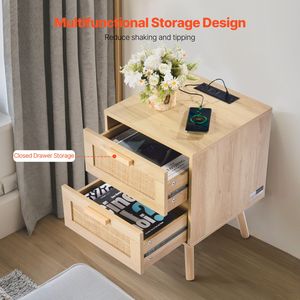 Comodino Boho in Rattan con 2 Cassetti e Gambe in Legno Massello - Opzione Luce LED - Product Image 3