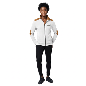 White Men's Sporty Long <b>Thin</b> Canvas Front Jacket with Brown Accents Stand Collar Zipper Embossed Logo Summer Wear - Product Image 2