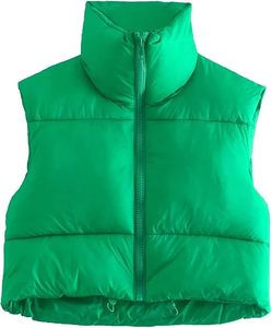 Chaleco Acolchado Verde para Mujer con Cuello Alto y Cierre de Cremallera, Prenda Exterior Informal sin Mangas, Color Sólido, Ligero y Cálido para Invierno - Product Image 2