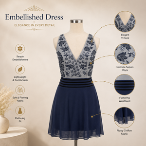 Women Navy Blue Embellished Party Dress Sleeveless Deep V Neck Beaded <b>Sequin</b> Floral Evening Cocktail Elegant Flowy Fashion Wear - Product Image 5
