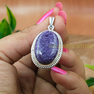 Grand collier pendentif en charoïte violette, pendentif en argent sterling 925, grand bijou en charoïte violette, cadeau pour femme - Product Image 2