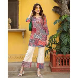 Conjunto de Kurta Corta Transpirable de Crepé con Parches Variados para Mujer, Talla XS, con Mangas Tres Cuartos - Product Image 3