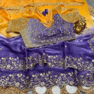 Sari de trabajo de seda Mango de doble tono con bordado Zari original y blusa cosida lista para usar para ocasiones festivas - Product Image 2