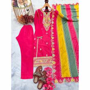 ATRACTIVA SECUENCIA DE BORDADO DE SECUENCIA CHINON TRABAJO TOP INFERIOR CON DUPATTA ROSA - Product Image 1