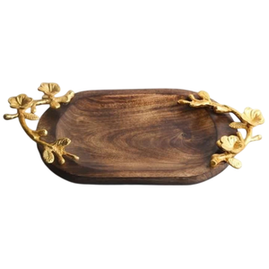 Vintage Design <b>Wooden</b> <b>Serving</b> <b>Tray</b> Elegant Food <b>Serving</b> <b>Tray</b> With Leaf Embellishment Handle Perfect For Home Decor In Good Price - Product Image 4