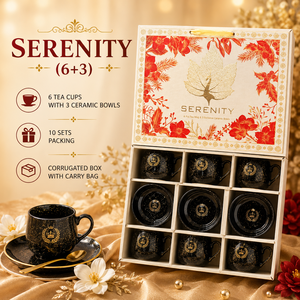 Ensemble de tasses à thé en céramique noire personnalisée Serenity 6+3 400 ml, boîte cadeau, design floral de luxe, bols assortis, emballage ondulé, sac de transport - Product Image 1