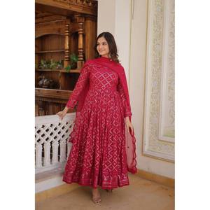LIKSHA 2 <b>COLOUR</b> RANI & WINE EMBROIDERED GEORGETTE ANARKALI FULLY STITCHED SUIT <b>SET</b> -TD 124- - Product Image 3