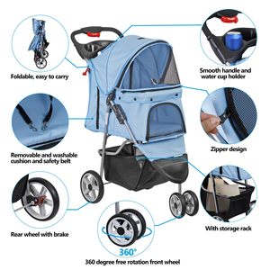 Carro compacto para mascotas de tres ruedas con diseño de plegado rápido, arnés de seguridad de malla ventilada de tela Oxford transpirable, 2 unidades - Product Image 2