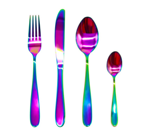 Ensemble de couverts en acier inoxydable avec revêtement arc-en-ciel, 4 pièces (fourchette, couteau, cuillère, cuillère à café), finition poli miroir haute brillance, vaisselle élégante pour les fêtes - Product Image 1