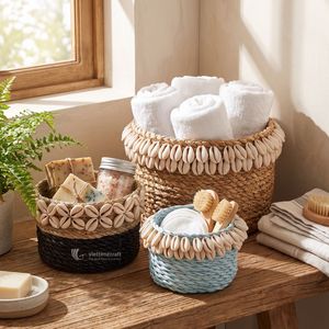 Cesta de Almacenamiento de Fibra Natural con Adornos de Conchas de Cauri, Hecha a Mano, Ecológica, Organizador de Escritorio, Decoración Costera para Baño - Product Image 3
