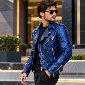 Veste de motard en cuir véritable bleu gaufré pour homme, doublure en soie, fermeture éclair élégante, streetwear haut de gamme - Product Image 2