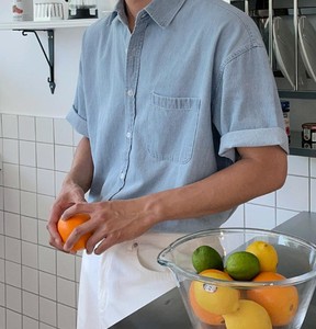 <b>Men's</b> Light Blue Denim Short Sleeve Shirt Regular Fit Turn-down Collar Casual Summer Breathable 100% Cotton Woven Fabric - Product Image 6