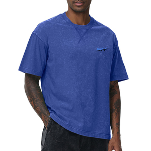 Camiseta Oversize Azul Lavado Ácido para Hombre, Algodón Pesado Desgastado, con Logo Personalizado, Estilo Urbano, Relajada, para Uso Diario, Venta al por Mayor - Product Image 1