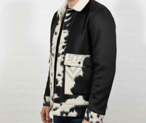 <b>Mens</b> Custom Genuine Cowhide Leather <b>Jacket</b> Black and <b>White</b> Animal Print Real Hair on Hide Winter Fashion Streetwear Outerwear - Product Image 3