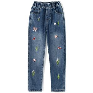 Girls Floral Embroidered Relaxed Fit Denim <b>Jeans</b> <b>Elastic</b> <b>Waist</b> Kids Casual Straight Leg Pants OEM ODM Wholesale Apparels - Product Image 4
