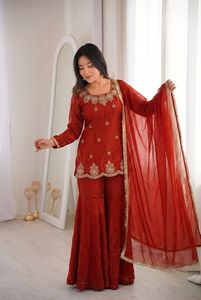 Traje Sharara Palazzo de Seda Fendy para Mujer, Bordado con Lentejuelas y Trabajo Zarkan, Dupatta, Ropa de Fiesta, Traje Étnico para Boda - Product Image 4