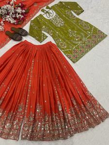Chinnon Silk A Line <b>Kurta</b> Palazzo Set 5mm Sequins Embroidery Lace Border Dupatta Festive Wear <b>Womens</b> Stitched Suit MW5049 DC - Product Image 5