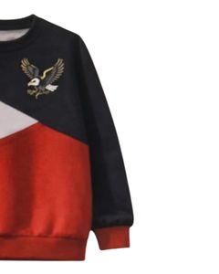 Sudadera Personalizada para Mujer en Bloques de Color Azul Marino, Rojo y Gris, Sudadera Casual de Invierno con Cuello Redondo, Felpa Suave y Bordado de Águila - Product Image 4