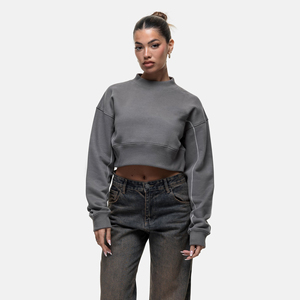 Sudadera Corta para Mujer, Estilo Francés, Cuello Redondo, Hombros Caídos, Oversize, Nueva Colección, Estampado y Bordado - Product Image 1