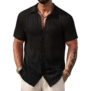 Camisa de punto calado para hombre, informal, de verano, con textura de ganchillo y botones - Product Image 1