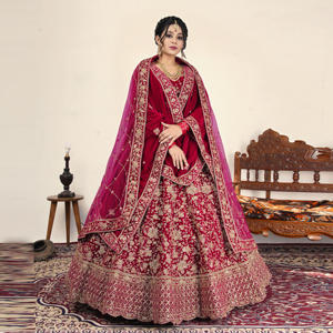 Ensemble Lehenga Choli en velours avec embellissements détaillés |   Tenue de soirée de mariage ou de plage pour femme, style Bollywood, longueur au sol |   Rapide - Product Image 5