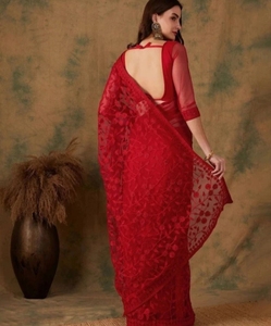 KV Embroidered, Embellished Bollywood Net <b>Saree</b> (<b>Red</b>) - Product Image 4