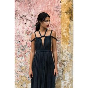 Vestido Largo Boho Plisado, Sin Mangas, Cuello Cuadrado, Color Sólido, Tejido de Verano, Cintura Natural, Corte Regular, 100% Algodón - Product Image 1