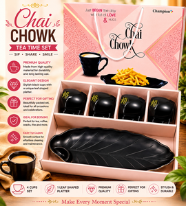 Juego de Té de Lujo Chai Chowk 4+1, Tazas de Melamina con Diseño de Hoja Negra, Bandeja para Servir, Fácil de Limpiar, para el Hogar y la Cena - Product Image 1
