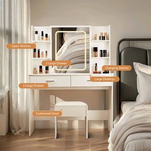 Bianco 2 cassetti trucco Vanity Desk 6 scaffali 3 modalità di illuminazione regolabile luminosità presa di corrente bagno vanità - Product Image 3