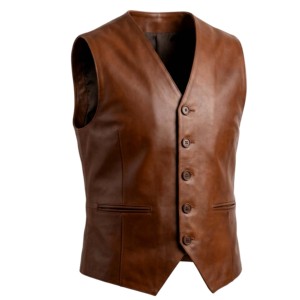 Veste en cuir véritable marron pour homme, col en V, simple boutonnage, coupe ajustée, veste formelle - Product Image 3