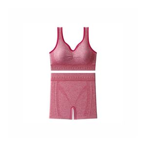 Ensemble de yoga sans couture taille haute pour femme, soutien-gorge de sport dos nageur violet uni et short en maille respirant en Spandex et Polyester, 2 pièces - Product Image 4