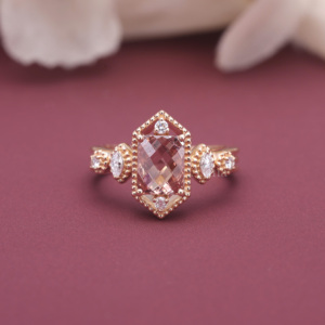 IGI Certified Lab Grown Diamond Hexagon Halo Bridal Ring in 9K Rose / Yellow & White Gold Radiant Cut <b>Pink</b> Diamond Ring - Product Image 1