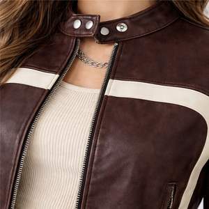 Chaqueta Corta de Cuero Genuino Marrón para Mujer con Detalle de Raya Blanca, Logotipo Personalizado, Diseño Transpirable para Invierno - Product Image 6