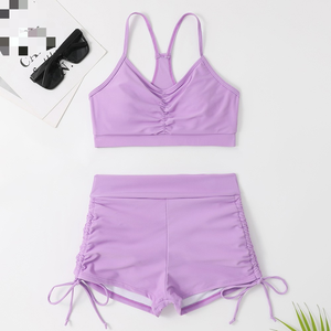 Nouveau maillot de bain deux pièces uni pour femme, avec haut sexy froncé, taille haute et effet ventre plat, style conservateur - Product Image 2