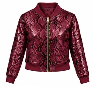 Chaqueta bomber con estampado de serpiente color burdeos para mujer, con cremallera, cuello alto, manga larga, abrigo corto informal - Product Image 1