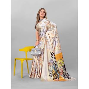 ชุดส่าหรีพิมพ์ลายดิจิทัลผ้าเครปสไตล์ญี่ปุ่นสีเหลือง - Product Image 1