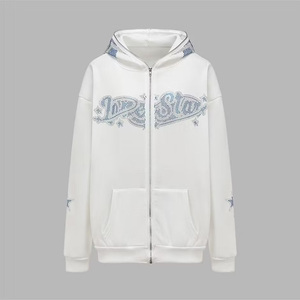 Wholesale Custom <b>White</b> Men Hooded <b>Zip</b>-<b>Up</b> Sweatshirt Cotton Knitted Glitter Letter Print Casual Autumn Wear Regular Fit - Product Image 1