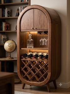 Modern Solid Mango Wood <b>Wine</b> <b>Cabinet</b> with Glass Rack Arched Design Bottle <b>Storage</b> for Home Bar Display - Product Image 3