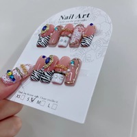 Kuku Palsu Buatan Tangan Custom Grosir Motif Zebra French Tip Berwarna-warni Hiasan Permata Rhinestone Rantai Logam Dapat Digunakan Kembali Full Cover Nail Art