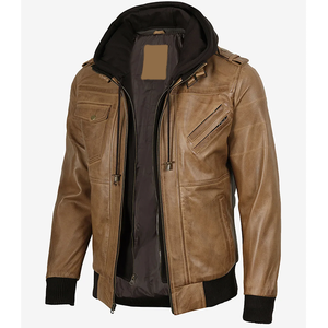 Veste en cuir de vachette marron camel OEM 2026, très vendue, pour homme, avec col à capuche, poches zippées, haute qualité, faible MOQ, veste tendance - Product Image 4