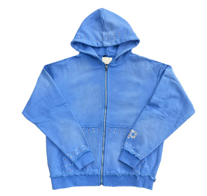 Wholesale New Style 100% Cotton HeavyweightAcid Wash Sky Blue Rhinestone Zip-Up Hoodie and Flared Sweat Pant Set - Product Image 3
