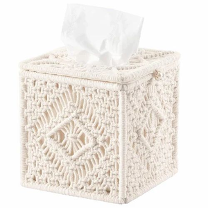 Boîte à mouchoirs bohème en macramé 6x6 pouces, en corde de coton, décorative, faite à la main, étui carré pour serviettes, pour la maison ou le bureau - Product Image 1