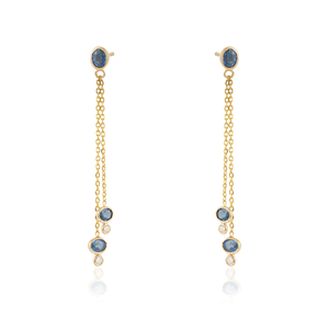 Boucles d'oreilles pendantes pour femme en or jaune pur 18 carats, saphir bleu et diamant, serties clos, légères, à double maillon, best-seller - Product Image 1