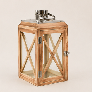 Farol de Madera Rústico Hecho a Mano con Tapa de Acero Inoxidable y Paneles de Vidrio, Farol Decorativo Vintage para Interiores - Product Image 3