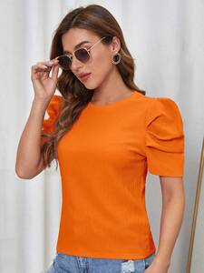 Blusa de Moda 2026 con Mangas Cortas Abullonadas y Pedrería, Color Naranja Sólido, Texturizada, para Verano, Informal, Elegante, con Cuentas, Camisas para Mujer - Product Image 5