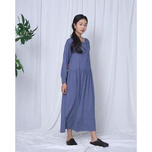 Women Blue Linen Maxi <b>Dress</b> O-Neck Long Sleeve <b>Loose</b> Fit Button Front Solid Color All Seasons Casual <b>Dress</b> - Product Image 5