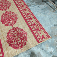 Handgefertigter Jute-Teppich Rechteckig mit Blumenmuster Moderner Stil Rutschfester Wohnzimmerteppich Natürliches Rosa Design Niedriger Flor 8mm